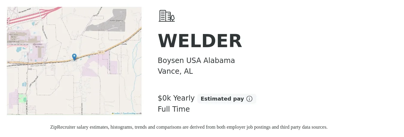 Boysen USA Alabama job posting for a WELDER in Vance, AL with a salary of $19 to $20 Yearly with a map of Vance location.