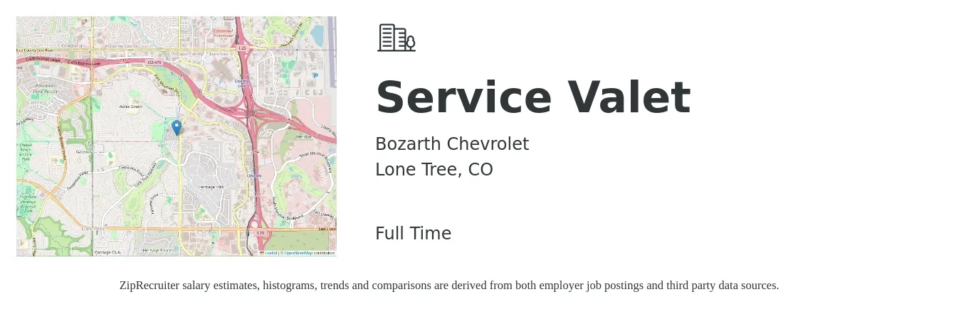 Bozarth Chevrolet job posting for a Service Valet in Lone Tree, CO with a salary of $15 to $18 Hourly with a map of Lone Tree location.