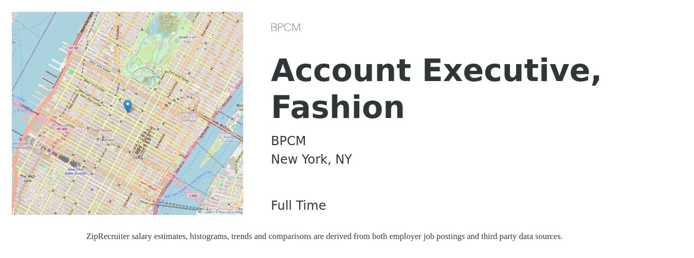 BPCM job posting for a Account Executive, Fashion in New York, NY with a salary of $53,000 to $62,000 Yearly with a map of New York location.