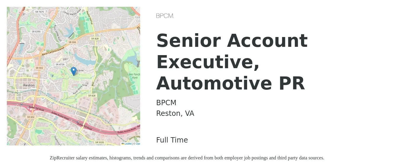 BPCM job posting for a Senior Account Executive, Automotive PR in Reston, VA with a salary of $60,900 to $85,300 Yearly with a map of Reston location.