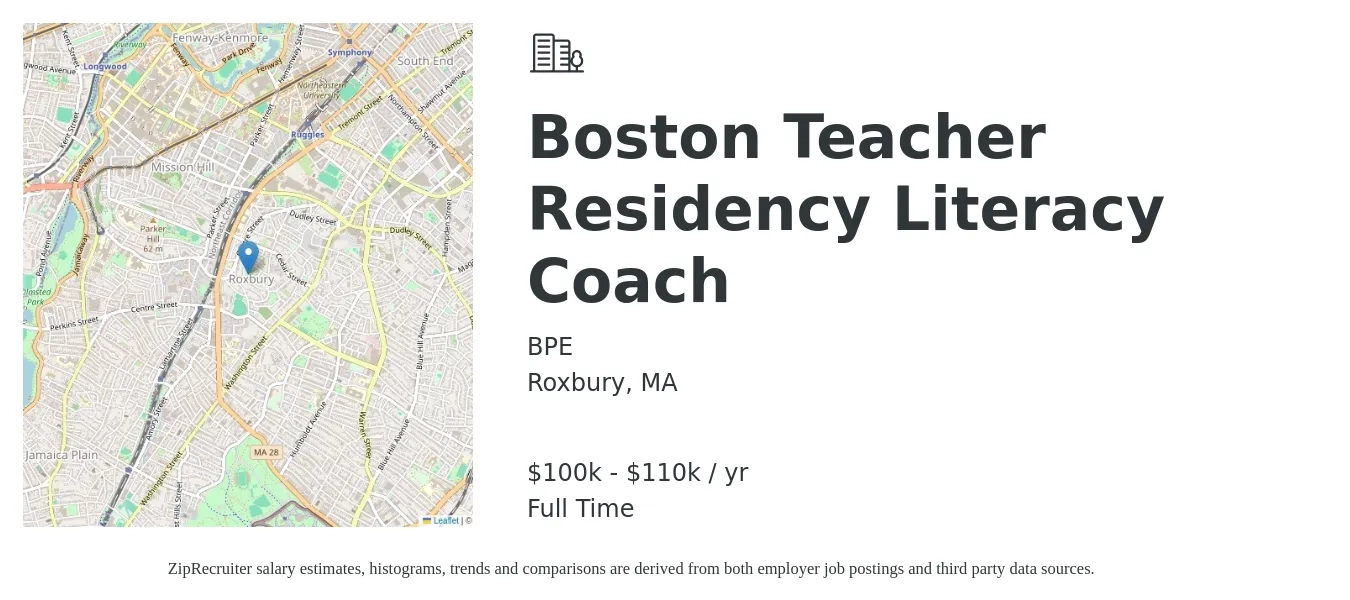 BPE job posting for a Boston Teacher Residency Literacy Coach in Roxbury, MA with a salary of $100,000 to $110,000 Yearly with a map of Roxbury location.