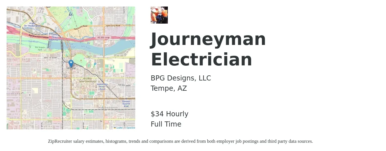 BPG Designs, LLC job posting for a Journeyman Electrician in Tempe, AZ with a salary of $36 Hourly with a map of Tempe location.