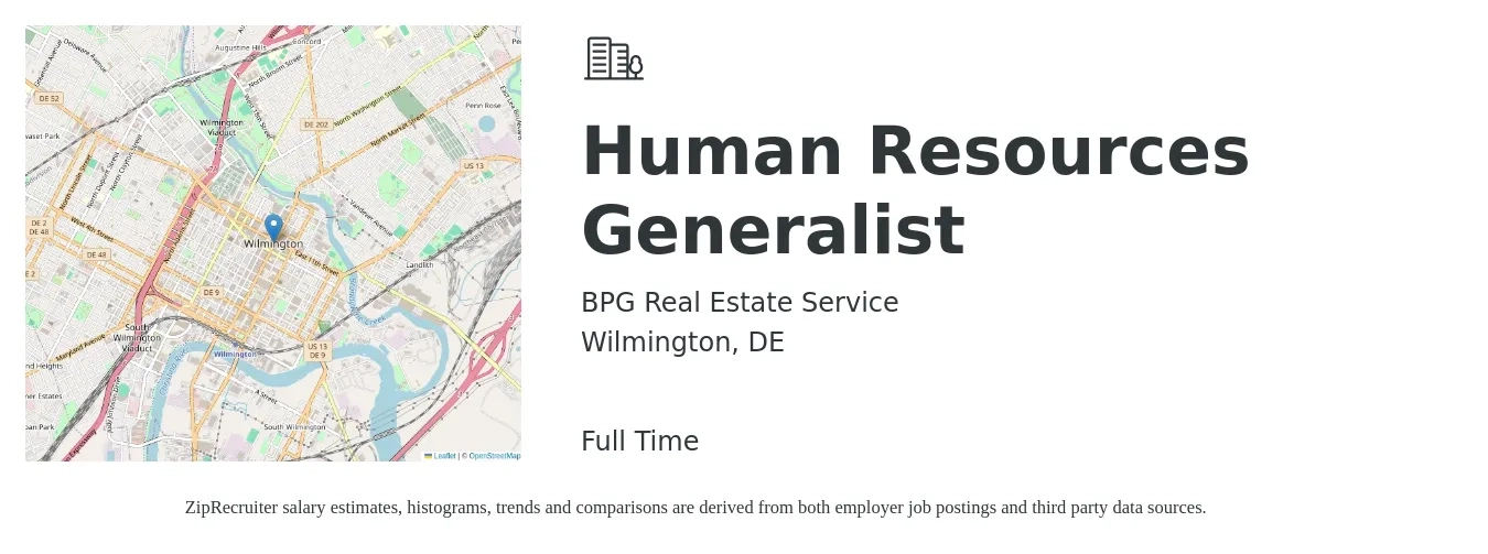 BPG Real Estate Service job posting for a Human Resources Generalist in Wilmington, DE with a salary of $50,500 to $71,800 Yearly with a map of Wilmington location.