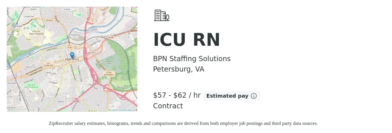 BPN Staffing Solutions job posting for a ICU RN in Petersburg, VA with a salary of $60 to $65 Hourly with a map of Petersburg location.