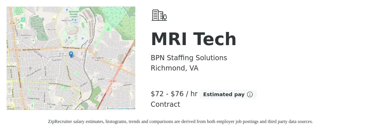 BPN Staffing Solutions job posting for a MRI Tech in Richmond, VA with a salary of $75 to $80 Hourly with a map of Richmond location.
