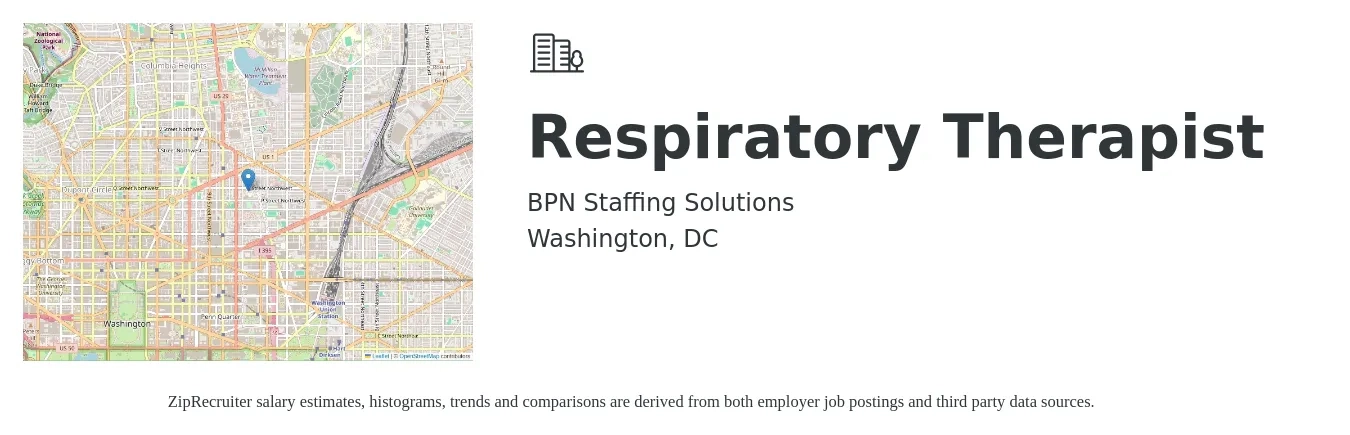 BPN Staffing Solutions job posting for a Respiratory Therapist in Washington, DC with a salary of $60 to $68 Hourly with a map of Washington location.