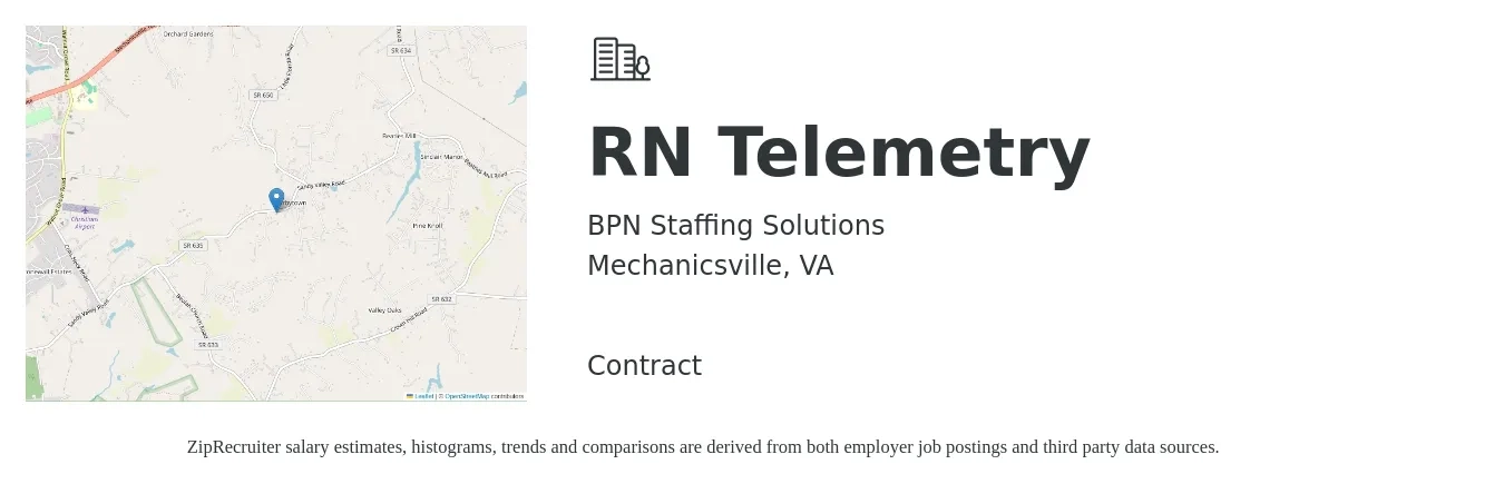 BPN Staffing Solutions job posting for a RN Telemetry in Mechanicsville, VA with a salary of $2,340 Weekly with a map of Mechanicsville location.