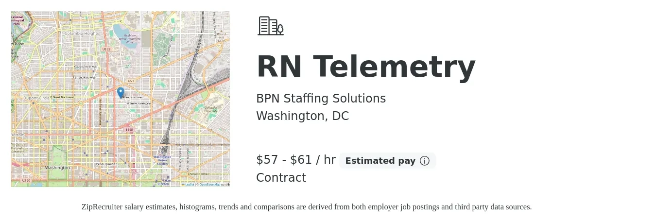 BPN Staffing Solutions job posting for a RN Telemetry in Washington, DC with a salary of $60 to $64 Hourly with a map of Washington location.