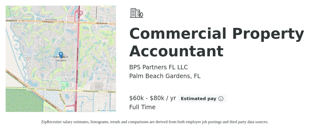 BPS Partners FL LLC job posting for a Commercial Property Accountant in Palm Beach Gardens, FL with a salary of $60,000 to $80,000 Yearly with a map of Palm Beach Gardens location.