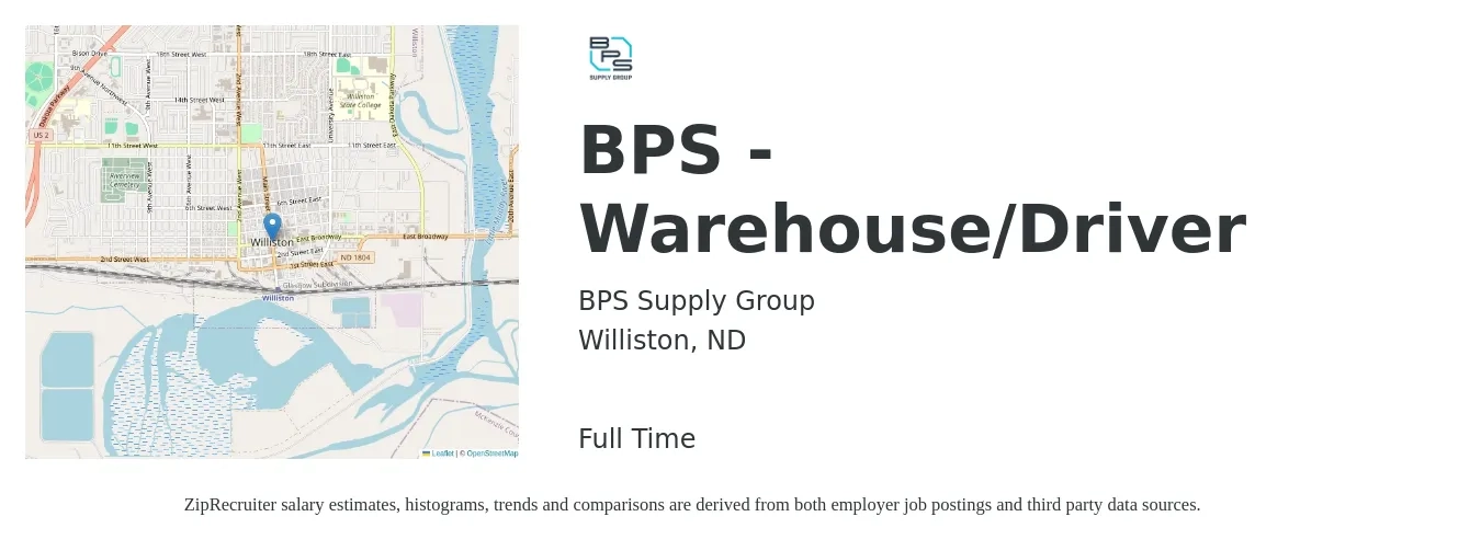 BPS Supply Group job posting for a BPS - Warehouse/Driver in Williston, ND with a salary of $17 to $20 Hourly with a map of Williston location.