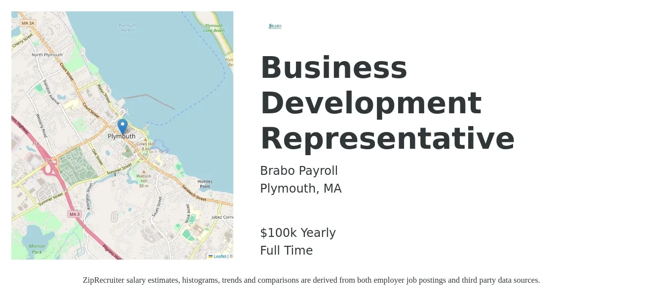 Brabo Payroll job posting for a Business Development Representative in Plymouth, MA with a salary of $40,000 Yearly with a map of Plymouth location.