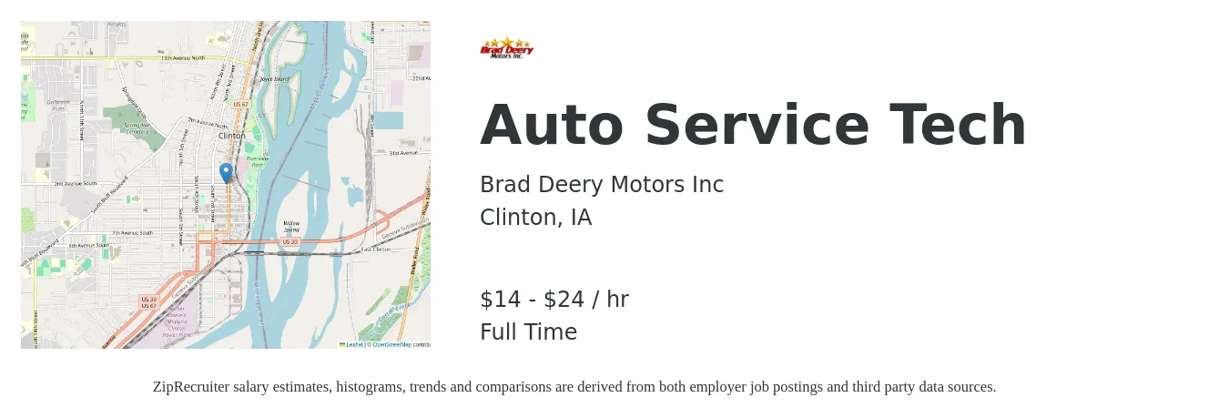 Brad Deery Motors Inc job posting for a Auto Service Tech in Clinton, IA with a salary of $15 to $25 Hourly with a map of Clinton location.