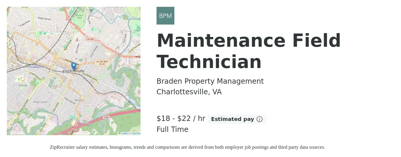 Braden Property Management job posting for a Maintenance Field Technician in Charlottesville, VA with a salary of $19 to $23 Hourly with a map of Charlottesville location.