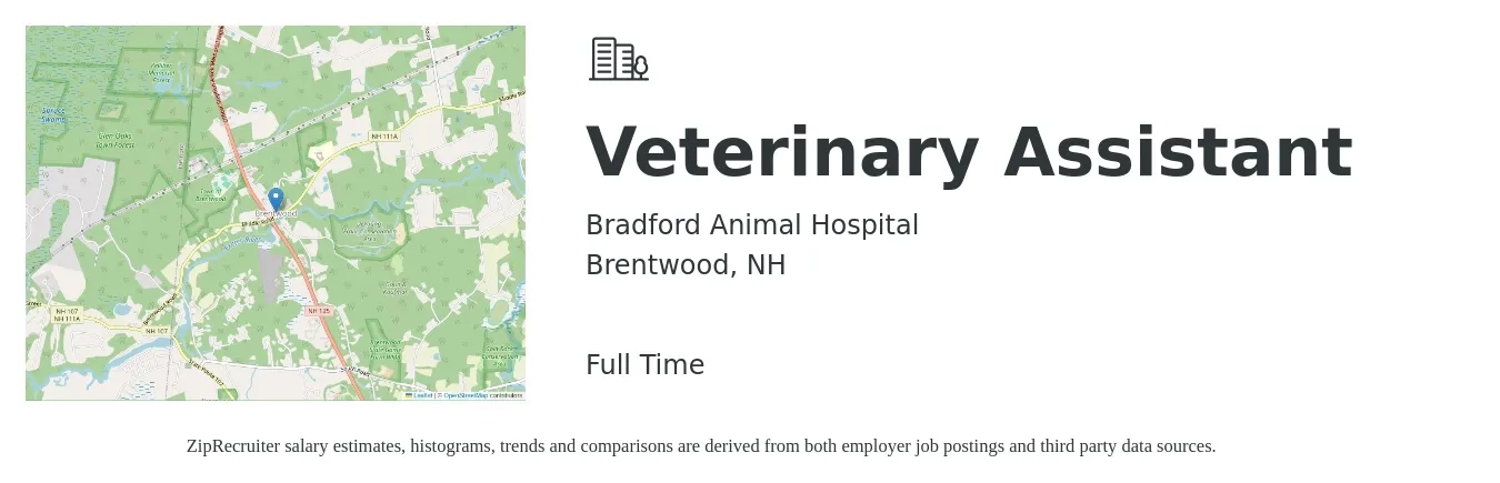 Bradford Animal Hospital job posting for a Veterinary Assistant in Brentwood, NH with a salary of $16 to $20 Hourly with a map of Brentwood location.