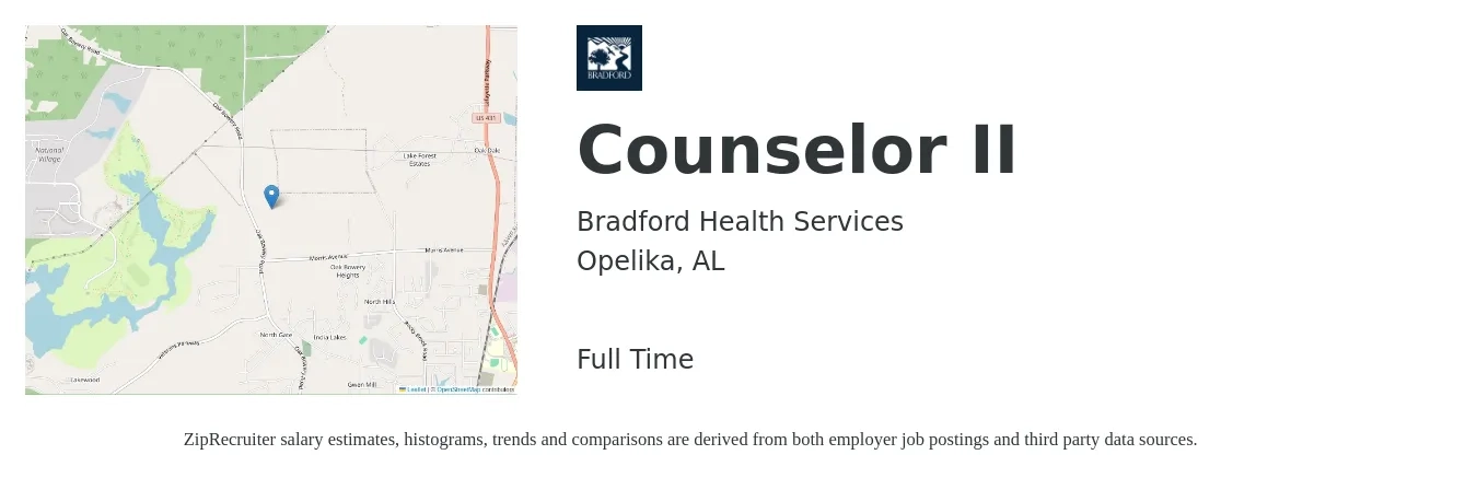 Bradford Health Services job posting for a Counselor II in Opelika, AL with a salary of $17 to $26 Hourly with a map of Opelika location.