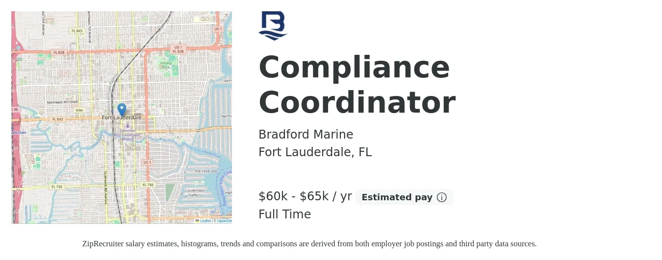 Bradford Marine job posting for a Compliance Coordinator in Fort Lauderdale, FL with a salary of $60,000 to $65,000 Yearly with a map of Fort Lauderdale location.