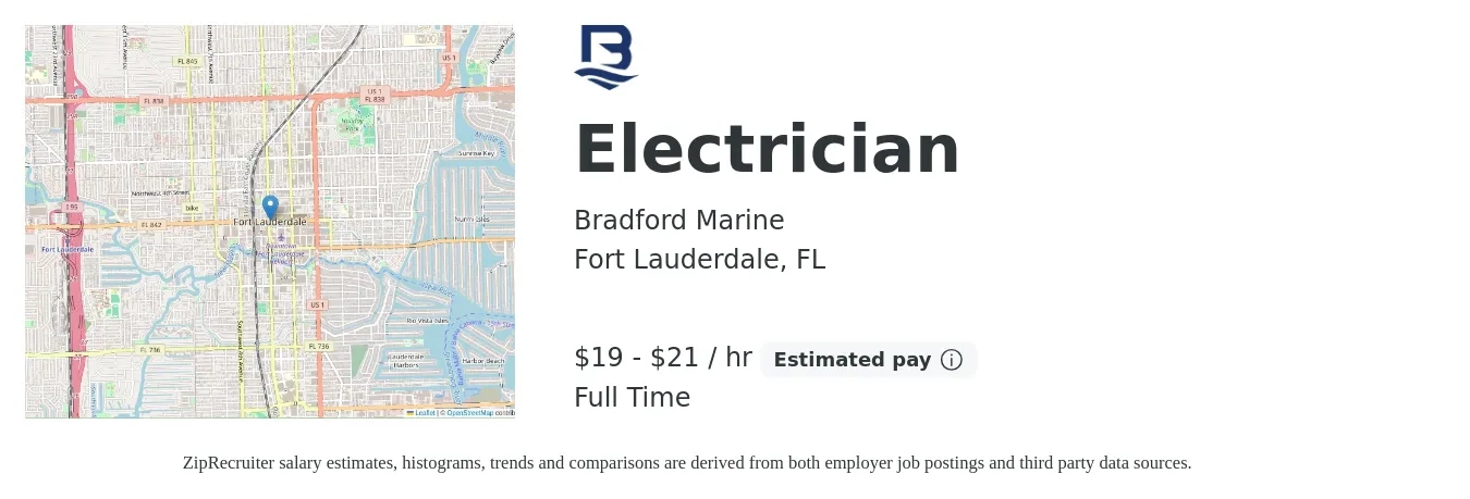Bradford Marine job posting for a Electrician in Fort Lauderdale, FL with a salary of $20 to $22 Hourly with a map of Fort Lauderdale location.