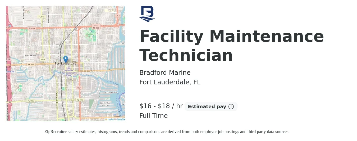 Bradford Marine job posting for a Facility Maintenance Technician in Fort Lauderdale, FL with a salary of $17 to $19 Hourly with a map of Fort Lauderdale location.