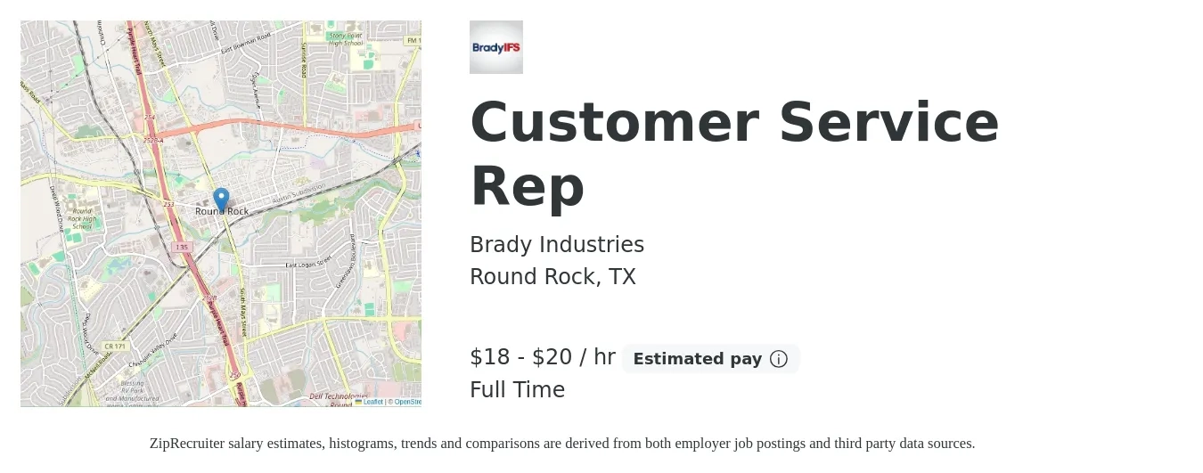 Brady Industries job posting for a Customer Service Rep in Round Rock, TX with a salary of $19 to $21 Hourly with a map of Round Rock location.