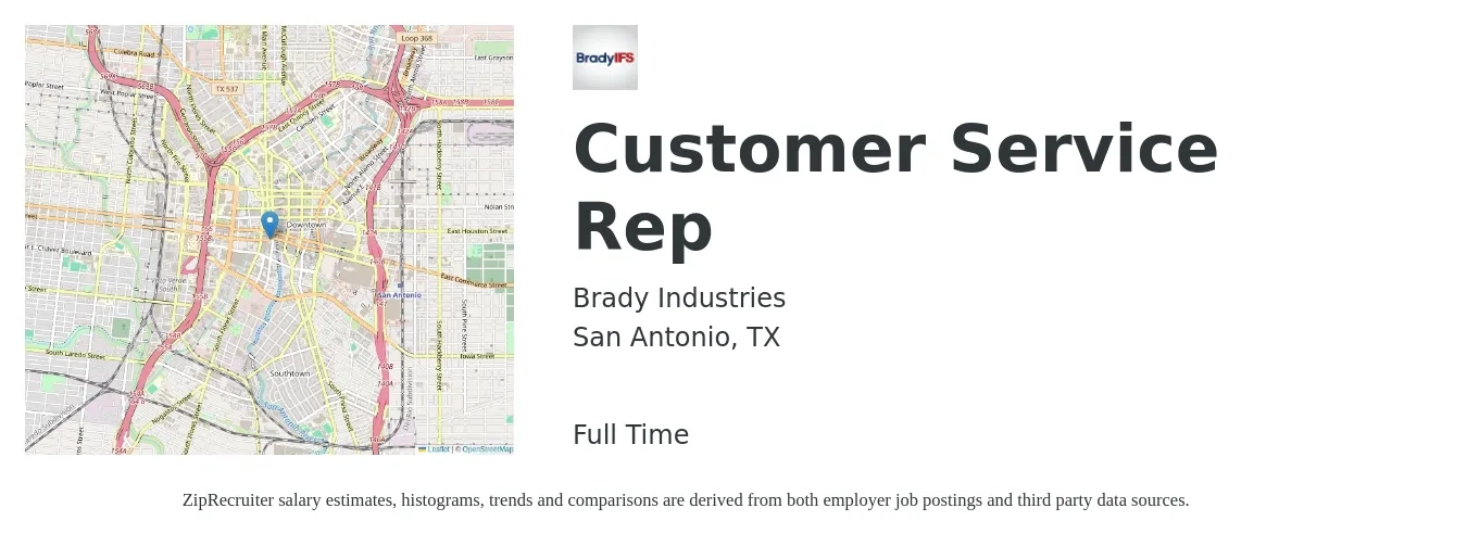 Brady Industries job posting for a Customer Service Rep in San Antonio, TX with a salary of $14 to $20 Hourly with a map of San Antonio location.