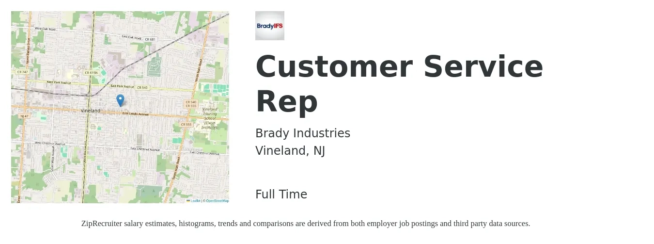 Brady Industries job posting for a Customer Service Rep in Vineland, NJ with a salary of $16 to $22 Hourly with a map of Vineland location.