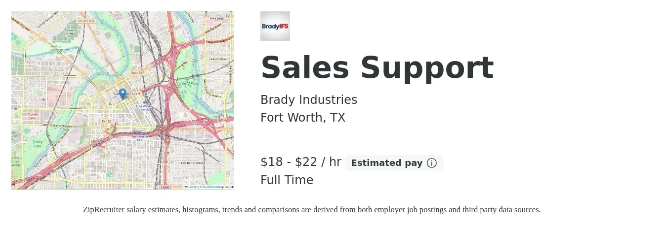 Brady Industries job posting for a Sales Support in Fort Worth, TX with a salary of $19 to $23 Hourly with a map of Fort Worth location.