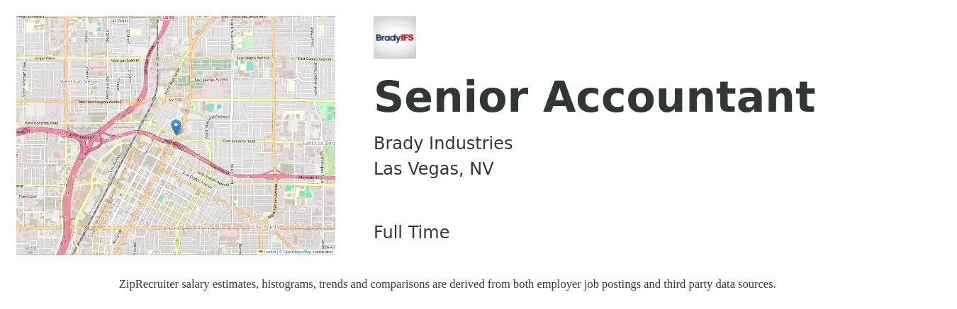 Brady Industries job posting for a Senior Accountant in Las Vegas, NV with a salary of $68,000 to $70,000 Yearly with a map of Las Vegas location.