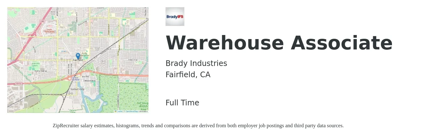 Brady Industries job posting for a Warehouse Associate in Fairfield, CA with a salary of $23 to $24 Hourly with a map of Fairfield location.