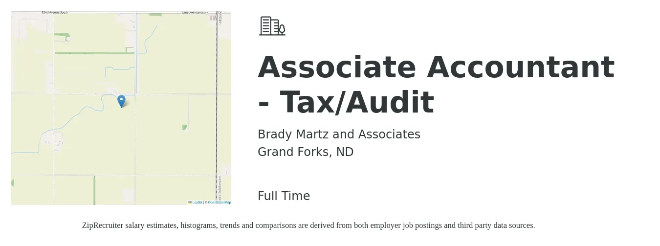 Brady Martz and Associates job posting for a Associate Accountant - Tax/Audit in Grand Forks, ND with a salary of $59,700 to $84,700 Yearly with a map of Grand Forks location.