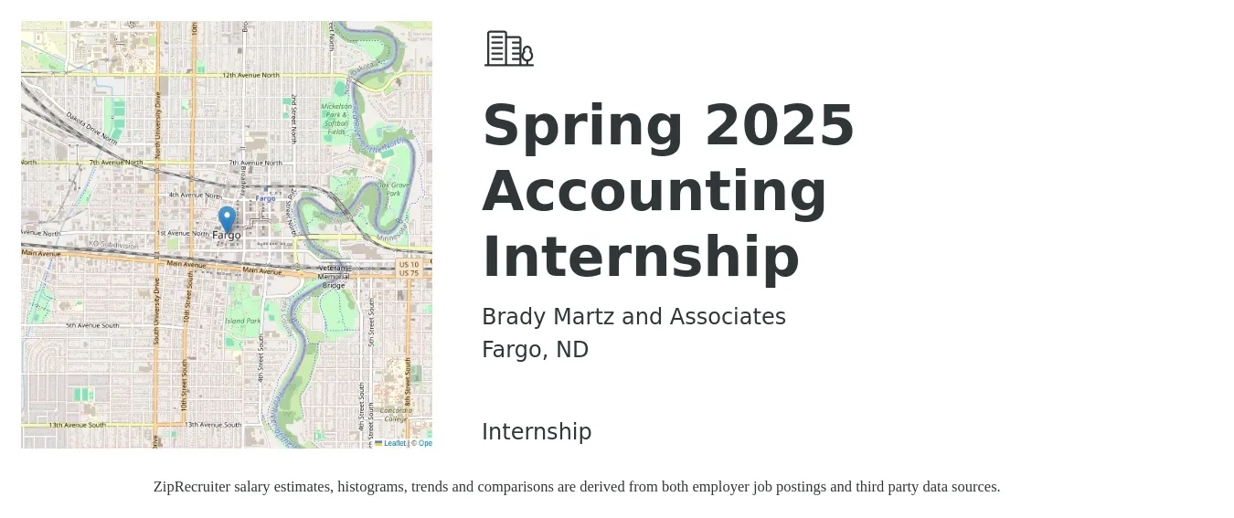 Brady Martz and Associates job posting for a Spring 2025 Accounting Internship in Fargo, ND with a salary of $16 to $20 Hourly with a map of Fargo location.