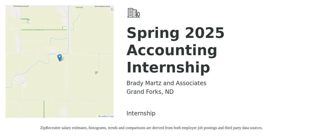 Brady Martz and Associates job posting for a Spring 2025 Accounting Internship in Grand Forks, ND with a salary of $16 to $21 Hourly with a map of Grand Forks location.