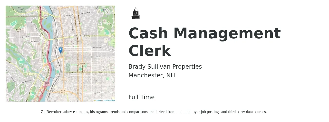 Brady Sullivan Properties job posting for a Cash Management Clerk in Manchester, NH with a salary of $21 to $23 Hourly with a map of Manchester location.