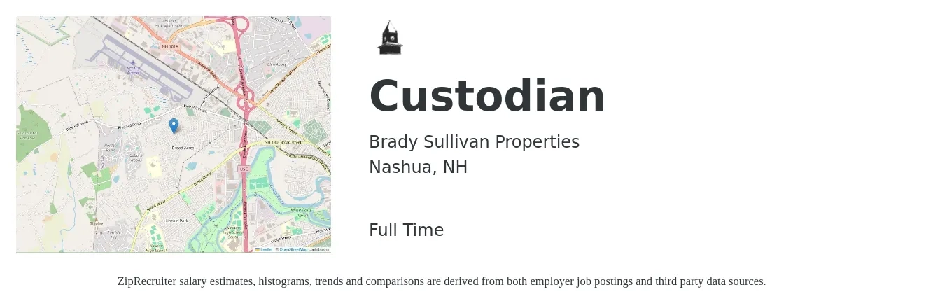 Brady Sullivan Properties job posting for a Custodian in Nashua, NH with a salary of $14 to $18 Hourly with a map of Nashua location.