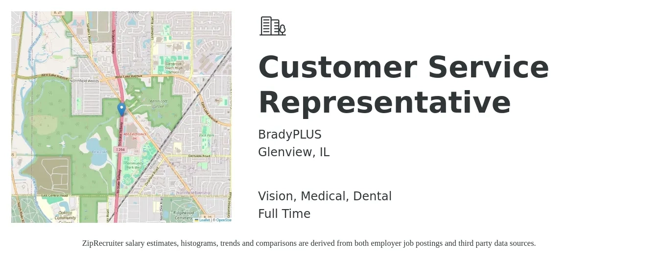 BradyPLUS job posting for a Customer Service Representative in Glenview, IL with a salary of $16 to $22 Hourly and benefits including dental, life_insurance, medical, pto, retirement, and vision with a map of Glenview location.