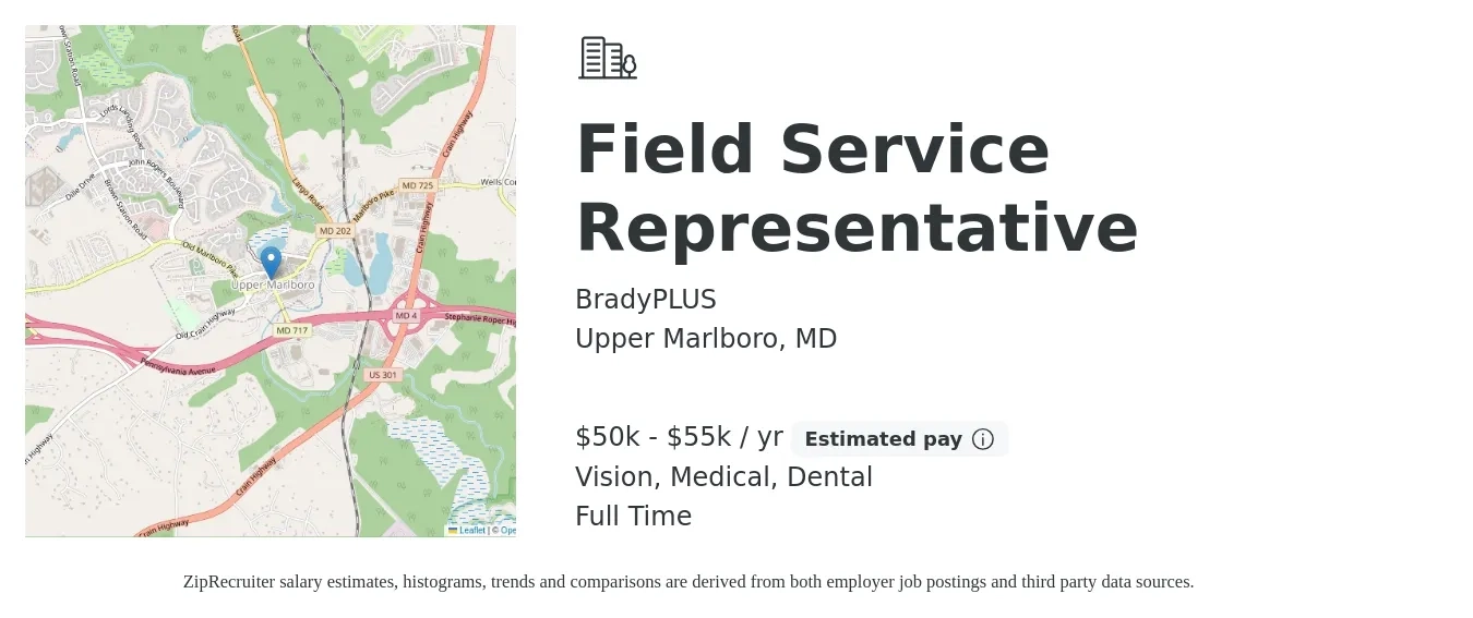 BradyPLUS job posting for a Field Service Representative in Upper Marlboro, MD with a salary of $50,000 to $55,000 Yearly and benefits including retirement, vision, dental, and medical with a map of Upper Marlboro location.