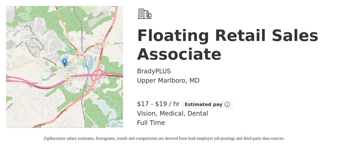 BradyPLUS job posting for a Floating Retail Sales Associate in Upper Marlboro, MD with a salary of $18 to $20 Hourly and benefits including retirement, vision, dental, and medical with a map of Upper Marlboro location.