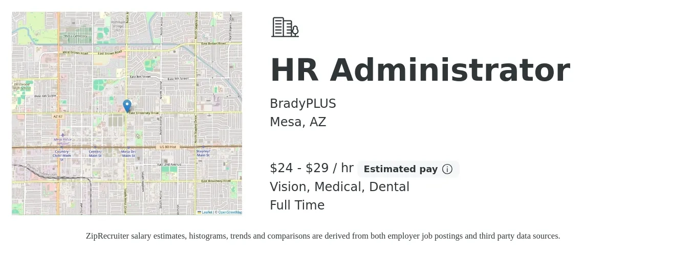 BradyPLUS job posting for a HR Administrator in Mesa, AZ with a salary of $25 to $31 Hourly and benefits including dental, medical, retirement, and vision with a map of Mesa location.