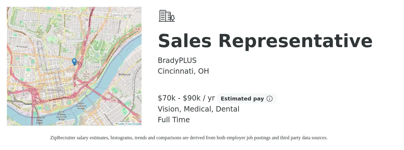 BradyPLUS job posting for a Sales Representative in Cincinnati, OH with a salary of $70,000 to $90,000 Yearly and benefits including vision, dental, medical, and retirement with a map of Cincinnati location.