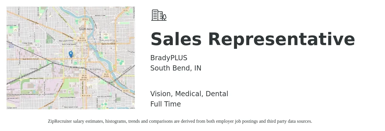 BradyPLUS job posting for a Sales Representative in South Bend, IN with a salary of $52,400 to $91,100 Yearly and benefits including dental, medical, retirement, and vision with a map of South Bend location.