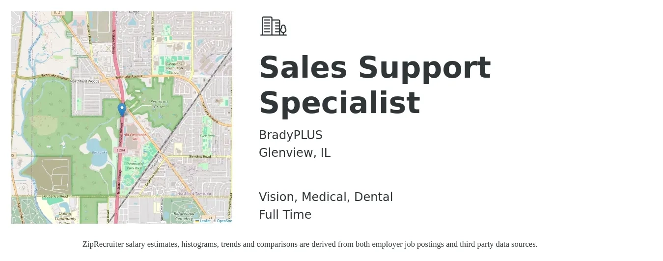 BradyPLUS job posting for a Sales Support Specialist in Glenview, IL with a salary of $22 to $30 Hourly and benefits including dental, life_insurance, medical, pto, retirement, and vision with a map of Glenview location.