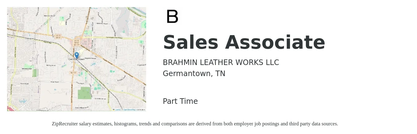 BRAHMIN LEATHER WORKS LLC job posting for a Sales Associate in Germantown, TN with a salary of $12 to $17 Hourly with a map of Germantown location.