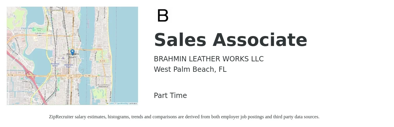 BRAHMIN LEATHER WORKS LLC job posting for a Sales Associate in West Palm Beach, FL with a salary of $14 to $18 Hourly with a map of West Palm Beach location.