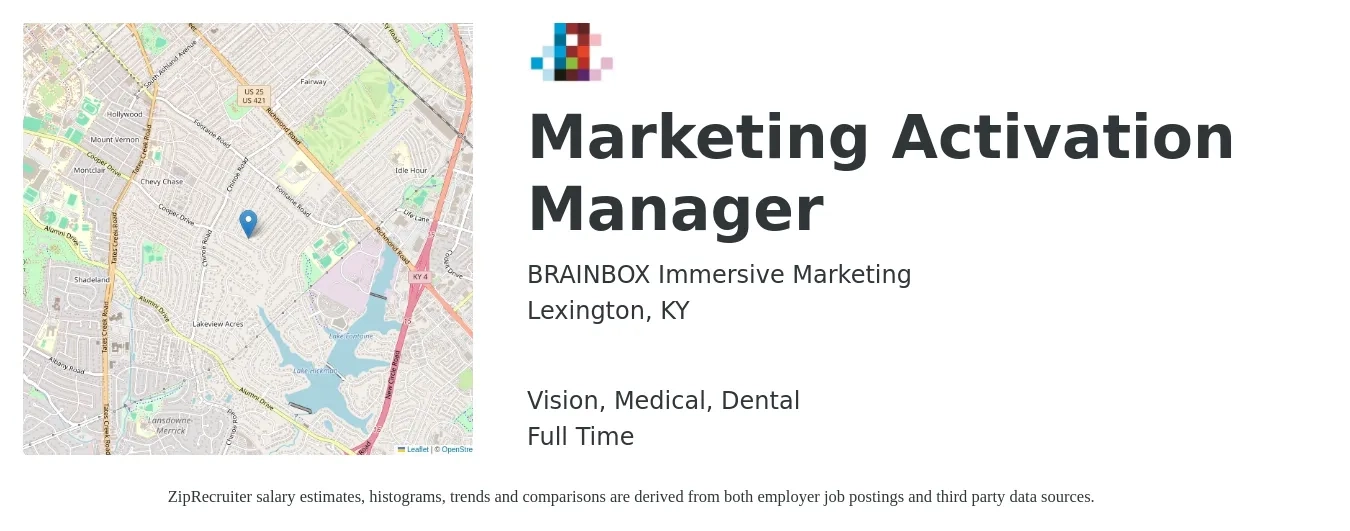 BRAINBOX Immersive Marketing job posting for a Marketing Activation Manager in Lexington, KY with a salary of $59,600 to $97,400 Yearly and benefits including dental, life_insurance, medical, retirement, and vision with a map of Lexington location.