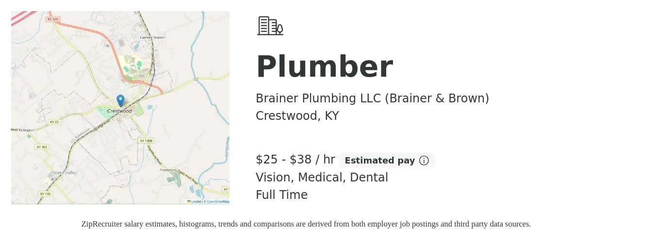 Brainer Plumbing LLC (Brainer & Brown) job posting for a Plumber in Crestwood, KY with a salary of $27 to $40 Hourly and benefits including medical, retirement, vision, dental, and life_insurance with a map of Crestwood location.