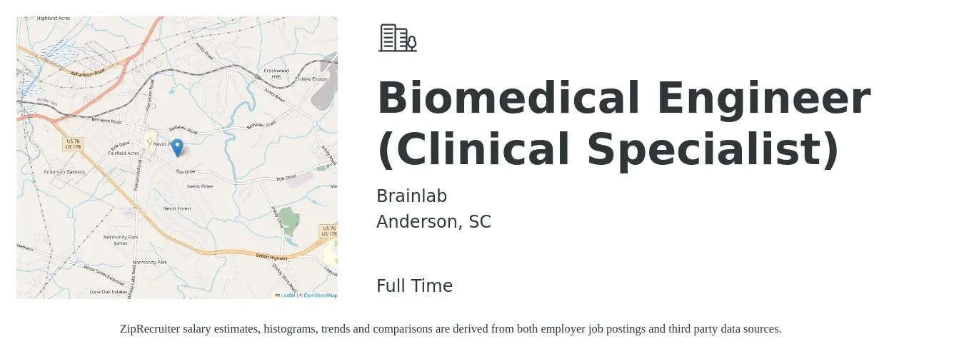 Brainlab job posting for a Biomedical Engineer (Clinical Specialist) in Anderson, SC with a salary of $43,500 to $90,200 Yearly with a map of Anderson location.