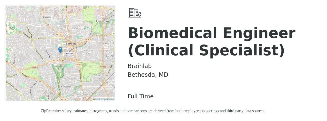 Brainlab, Inc. job posting for a Biomedical Engineer (Clinical Specialist) in Bethesda, MD with a salary of $50,800 to $105,400 Yearly with a map of Bethesda location.