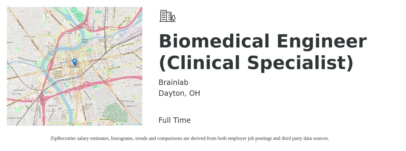 Brainlab, Inc. job posting for a Biomedical Engineer (Clinical Specialist) in Dayton, OH with a salary of $46,200 to $95,700 Yearly with a map of Dayton location.