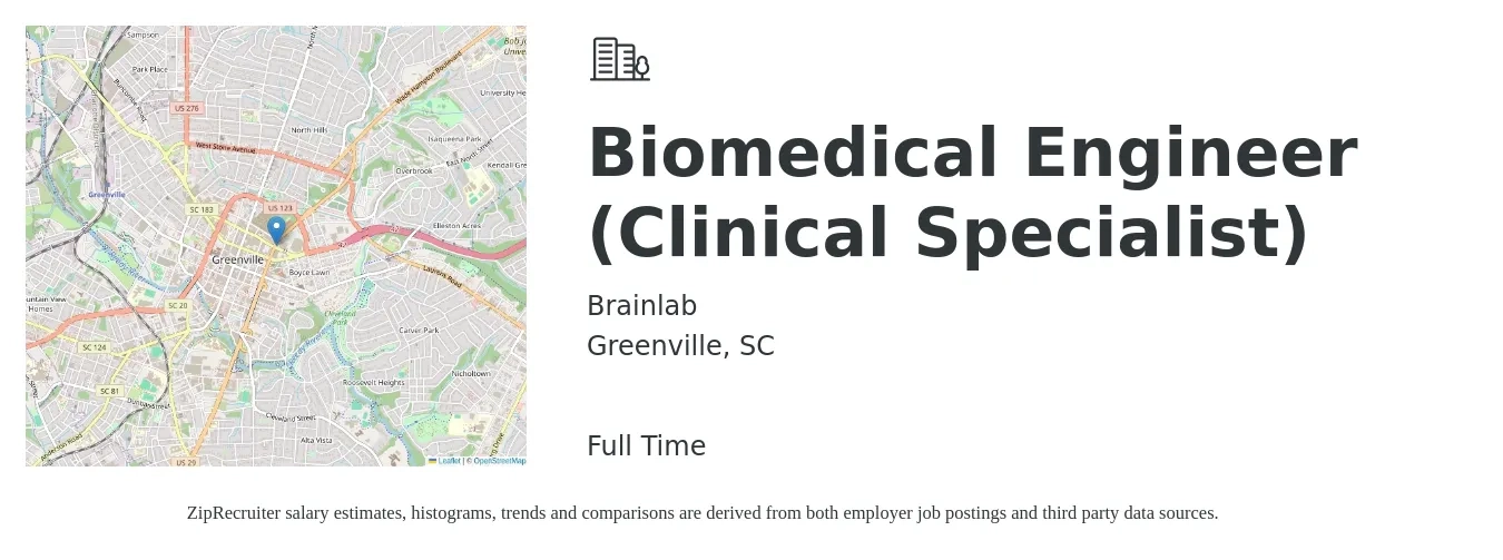 Brainlab job posting for a Biomedical Engineer (Clinical Specialist) in Greenville, SC with a salary of $42,300 to $78,000 Yearly with a map of Greenville location.