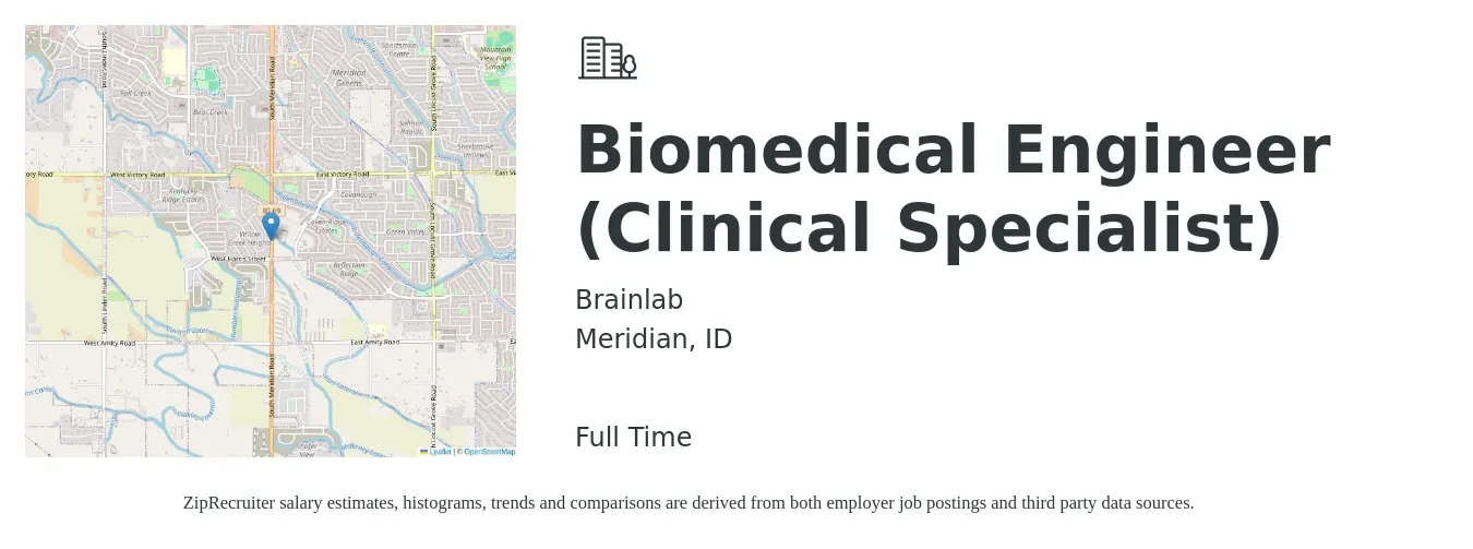 Brainlab, Inc. job posting for a Biomedical Engineer (Clinical Specialist) in Meridian, ID with a salary of $46,000 to $95,500 Yearly with a map of Meridian location.
