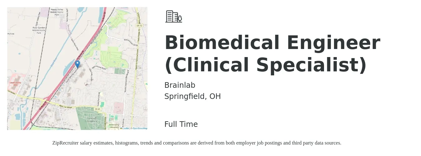 Brainlab, Inc. job posting for a Biomedical Engineer (Clinical Specialist) in Springfield, OH with a salary of $42,800 to $88,700 Yearly with a map of Springfield location.